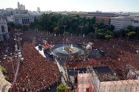 Spanish soccer fans at Cibeles square in Madrid